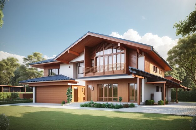 3d rendering nice modern style wood house in beautiful village