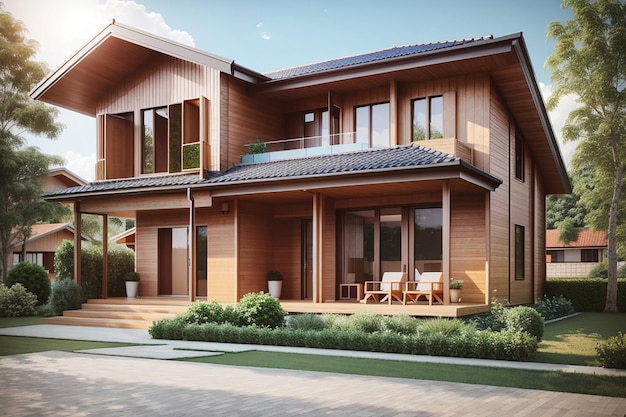 3d rendering nice modern style wood house in beautiful village