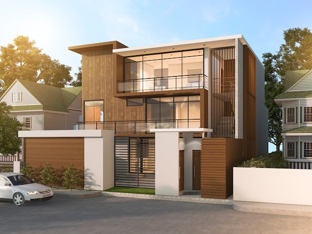 3d rendering nice modern style wood house in beautiful village