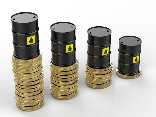 3d rendering oil price falling with oil barrels and gold coins