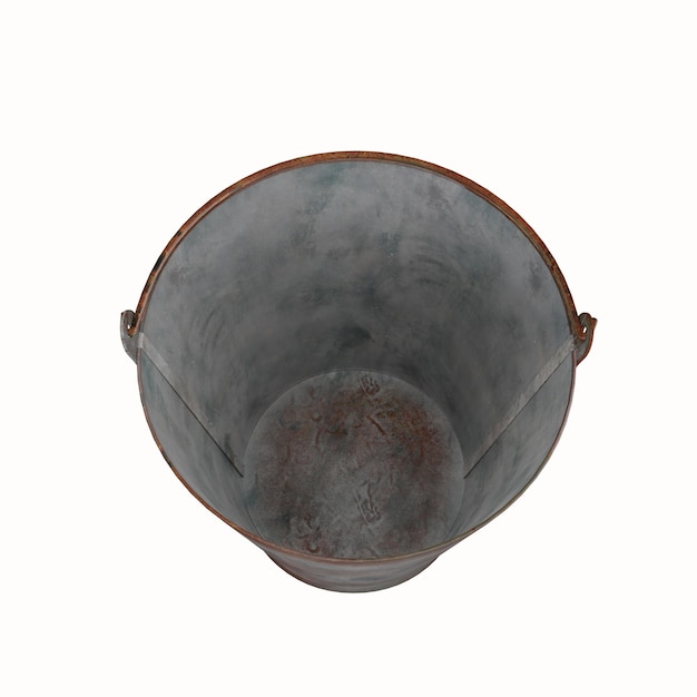 3D rendering old bucket with rusty handle on white background