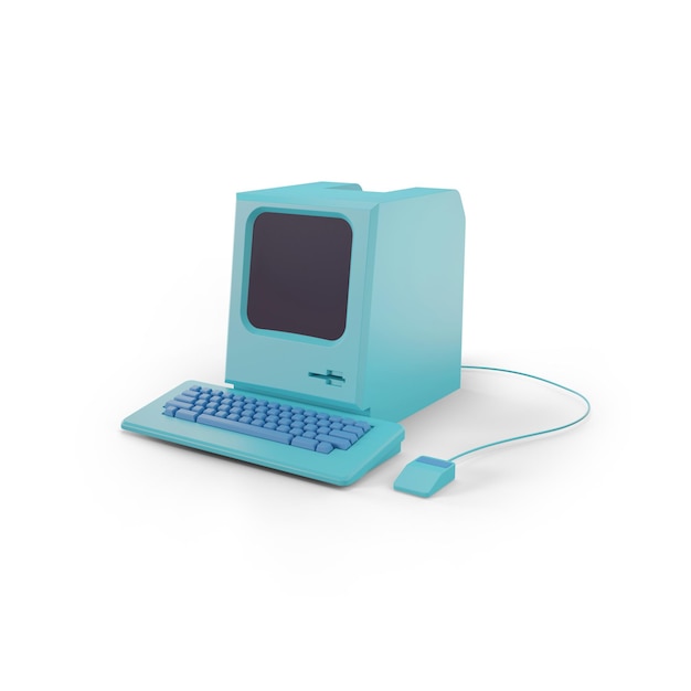 3d rendering of an old computer with a mouse and keyboard on a white background