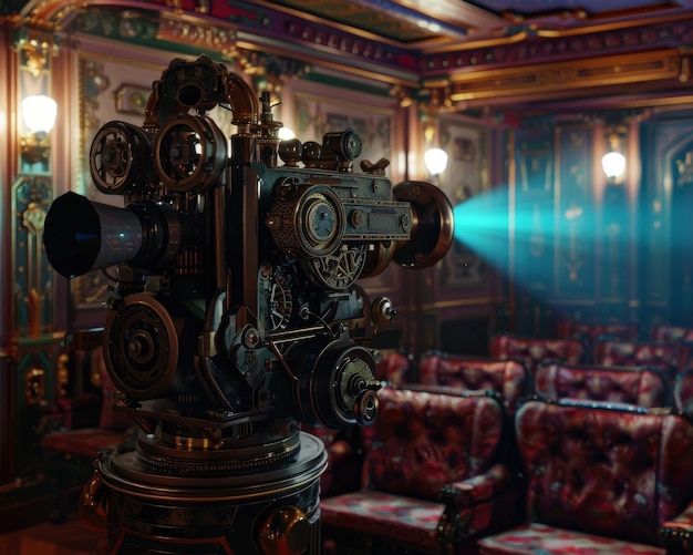 Photo a 3d rendering of an oldschool film projector in a 1920s cinema with ornate decorations and plush seating