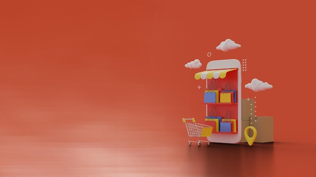 3d rendering of online shopping with an illustration of a shopping cart in front of a smartphone Premium design for advertising banner poster and social media post template