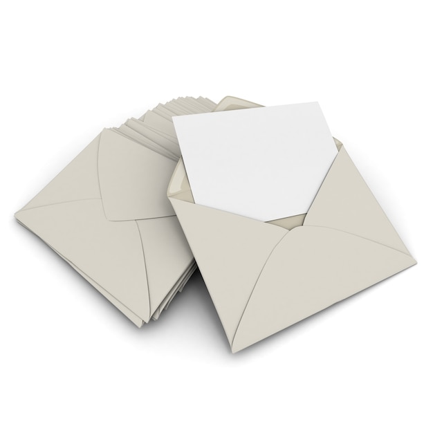 3D rendering of an open envelope and a blank, card on top of a pile of closed letters