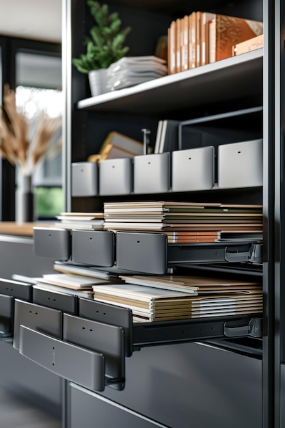 3D rendering of an open file cabinet revealing organized files office setting