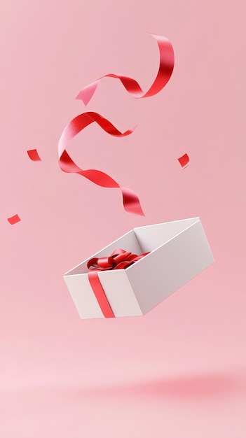 Photo 3d rendering of an open gift box with a red ribbon bow