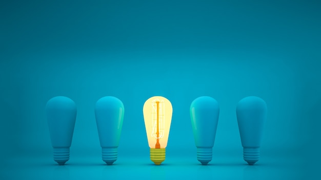 3D rendering out standing light bulb on blue background. minimalist concept