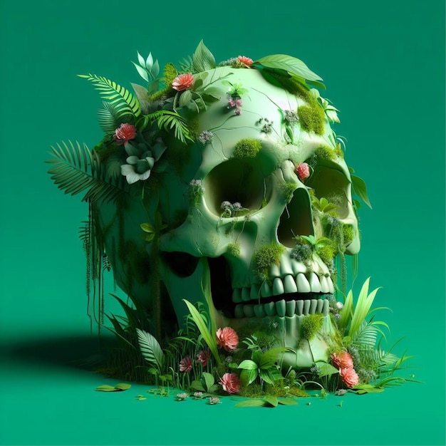 3D rendering of overgrown skull with leaves and flowers isolated on a green background