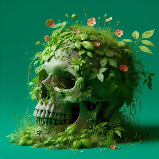 3D rendering of overgrown skull with leaves and flowers isolated on a green background