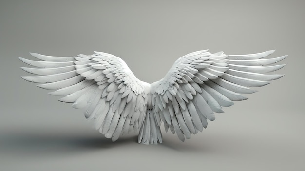 3D rendering of a pair of white angel wings The wings are spread out and the feathers are detailed The wings are on a light gray background