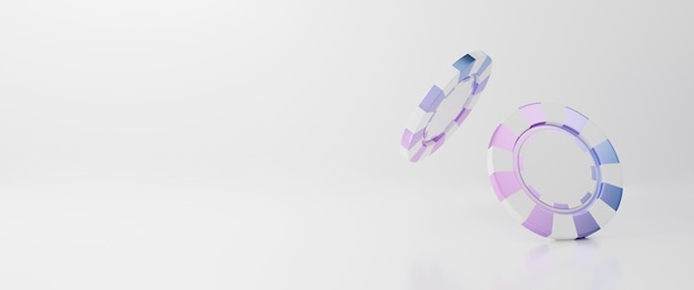 3D rendering of pastel purple casino chips falling on white background.