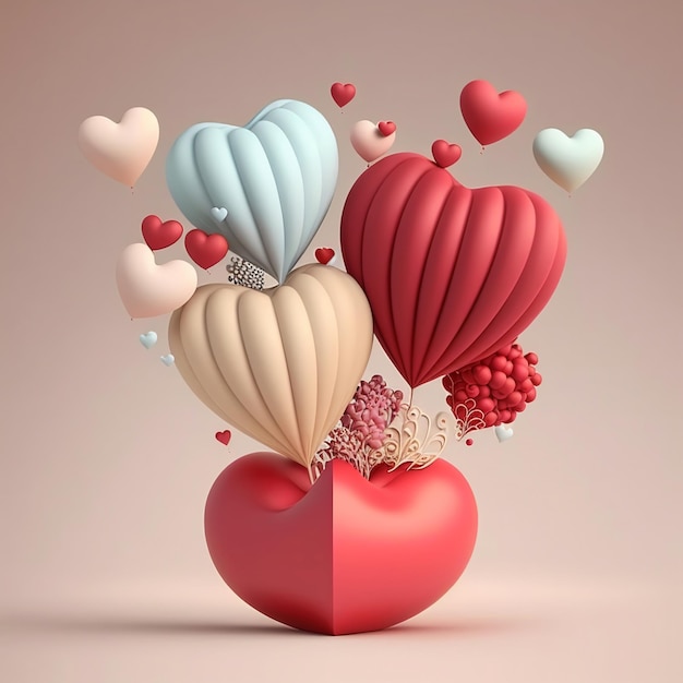 3D Rendering Pastel Soft Color Heart Shape Balloons With Realistic Bean Bag