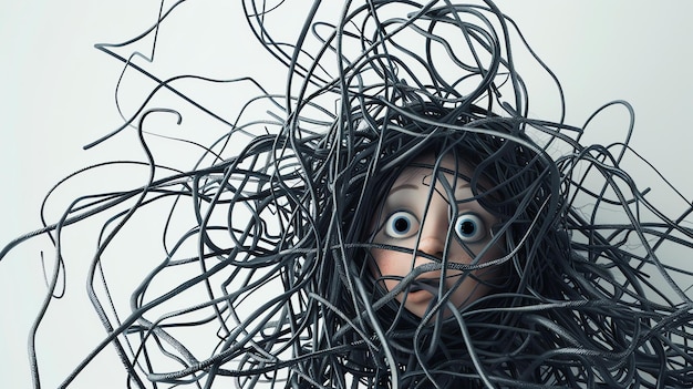 Photo 3d rendering of a persons head with a bunch of wires tangled around it the persons eyes are wide open and they look scared