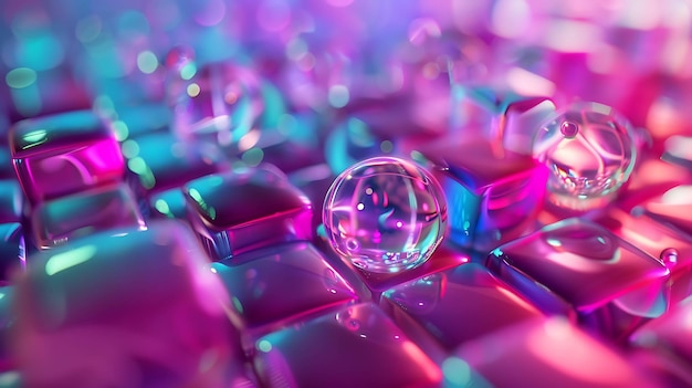 3D rendering of a pink and blue crystal ball on a reflective surface The ball is surrounded by small glowing cubes