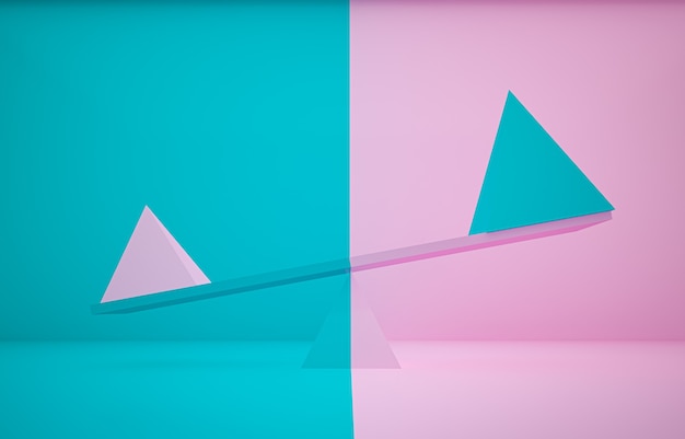 3D rendering pink and blue pyramid different size on plank and differnt color background