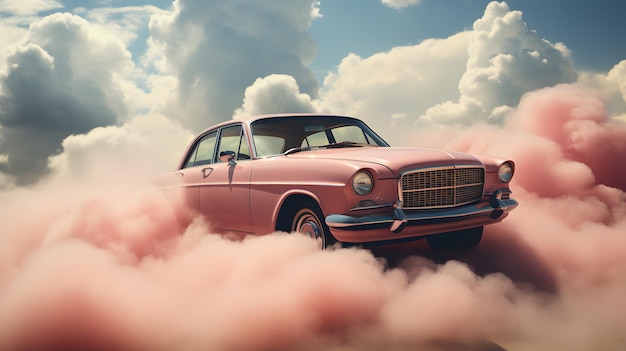 3d rendering of a pink car ride above pink cloud in the style of modern and futuristic world