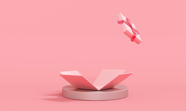 3D Rendering of pink gift box explosion show blank space inside background for commercial design