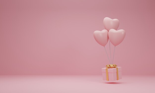 3d rendering. Pink gift box with golden ribbon and balloon heart on pastel pink background. Minimal concept.