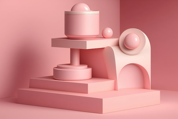 A 3D rendering of a pink pedestal of stairs or podium stand on a pink background