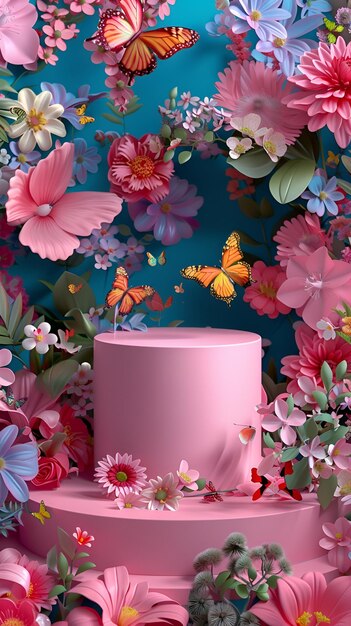 Photo 3d rendering of pink podium with vibrant butterflies and flowers background