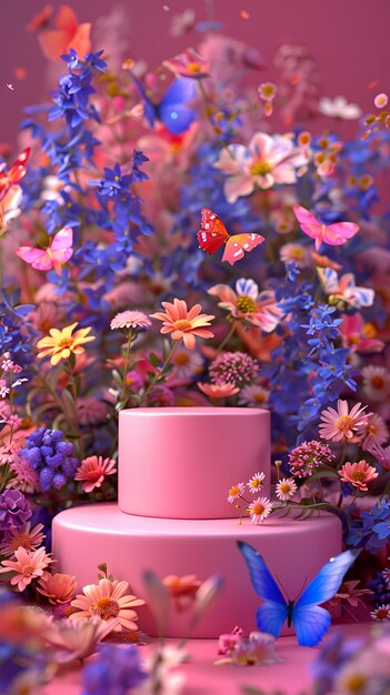 Photo 3d rendering of pink podium with vibrant butterflies and flowers background