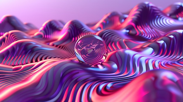 3D rendering Pink and purple abstract landscape with a glass ball