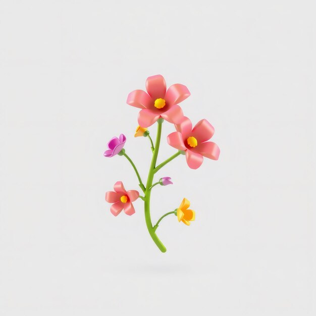 A 3D rendering of a pink yellow and purple flower stem on a white background