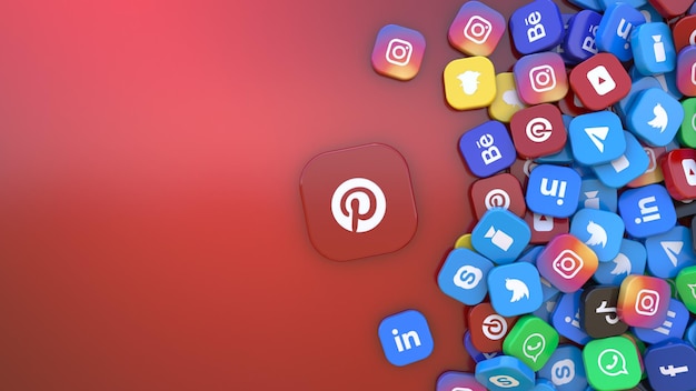 3D rendering of an Pinterest badge surrounded by badges of the most important social networks