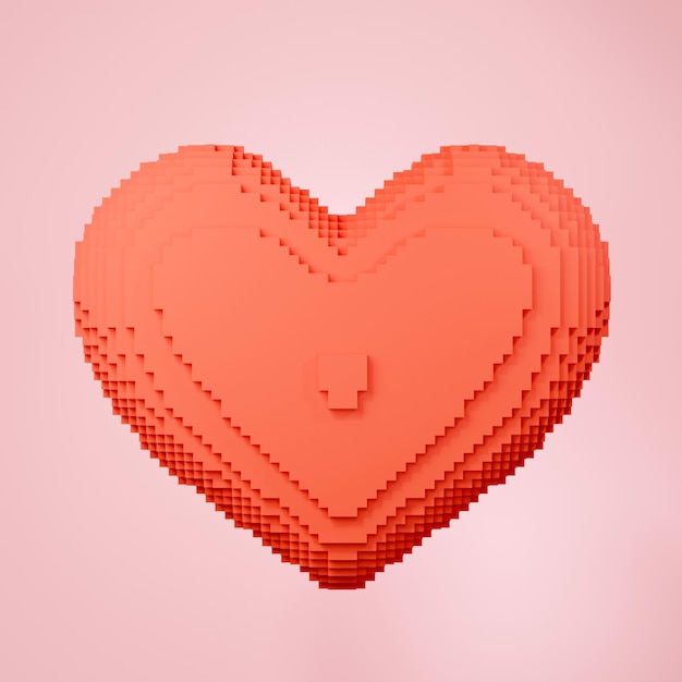 3d rendering of pixel heart icon on clean background for mock up and web banner Cartoon interface design minimal metaverse concept