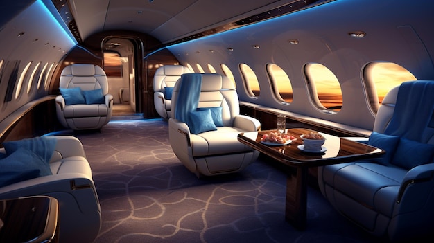 a 3d rendering of a plane with a blue and white chair.