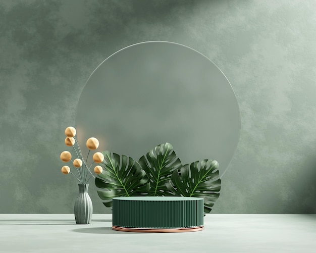 3D rendering platform podium with plant product presentation background