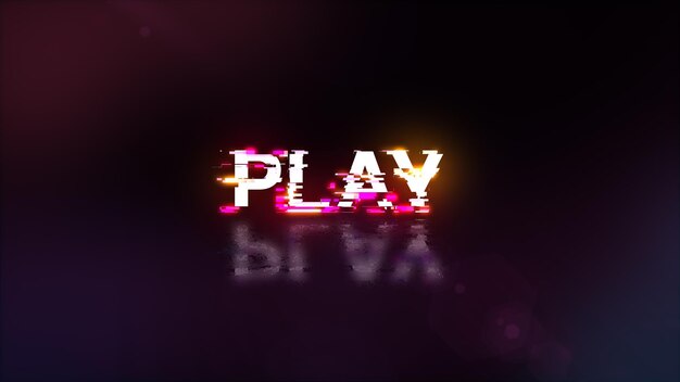 Photo 3d rendering play text with screen effects of technological glitches