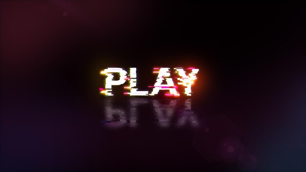 Photo 3d rendering play text with screen effects of technological glitches