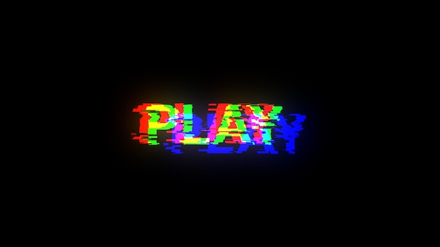 Photo 3d rendering play text with screen effects of technological glitches