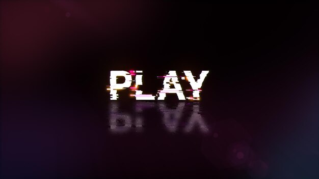 Photo 3d rendering play text with screen effects of technological glitches