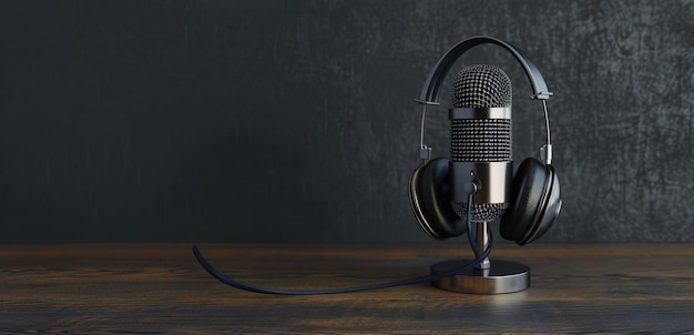 A 3D rendering of a podcasting and radio concept features a retro microphone