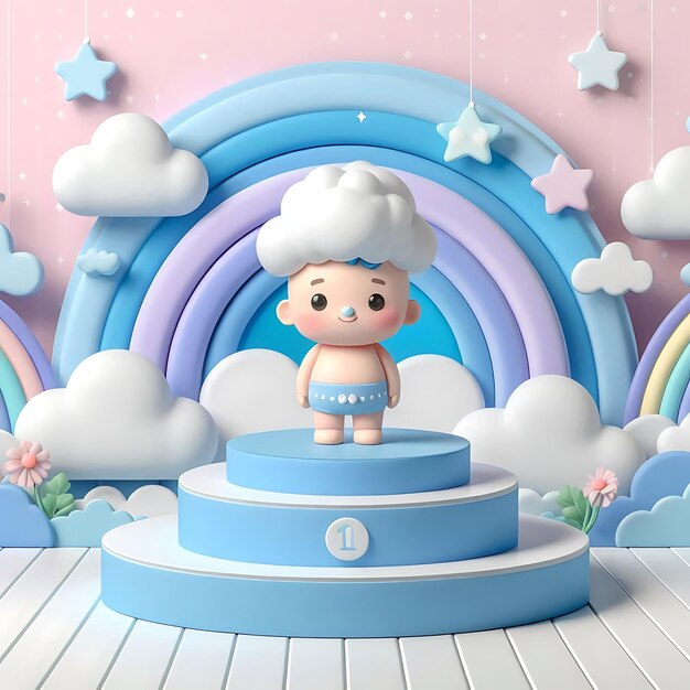 3D rendering podium baby cute product 3d cloud kid children display banner room toy design blue 4