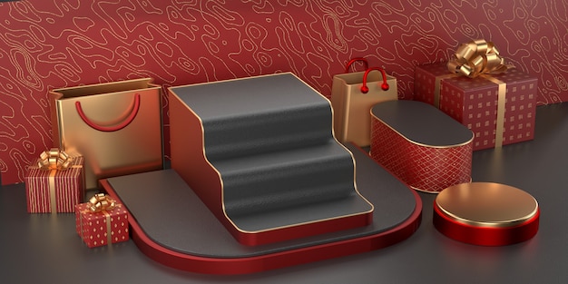 3d rendering of podium and gift box.