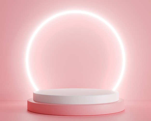 3d rendering Podium stand to show product display on pink color background and ring light Abstract minimal geometric shapes backdrop for valentine day design