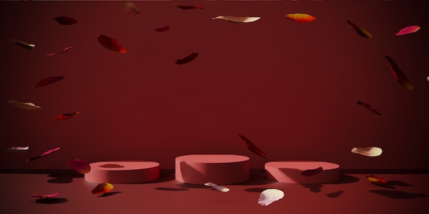 3D rendering of Podium, stand with rose petals.