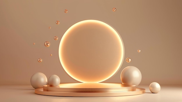 3D rendering of a podium with a glowing ring and floating spheres The podium is made of a reflective material and is lit by a soft light