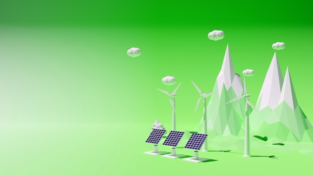 3d rendering polygon ecology environmental and energy concept with wind turbines and solar cell abstract background