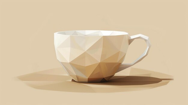 Photo 3d rendering of a polygonal coffee cup on a saucer the cup is white and the saucer is brown the cup is sitting on a beige background