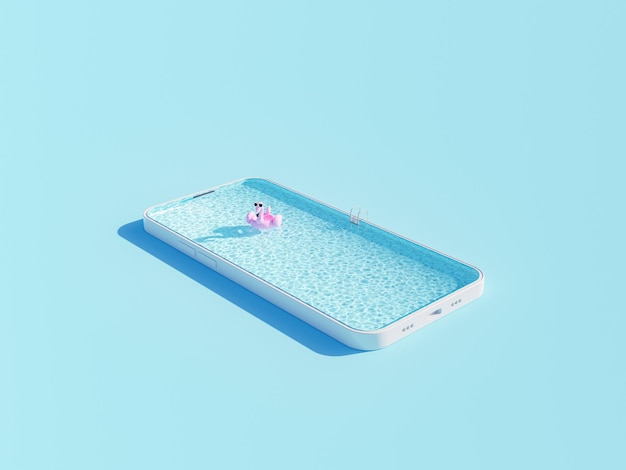 3D rendering of pool in smartphone case on blue surface