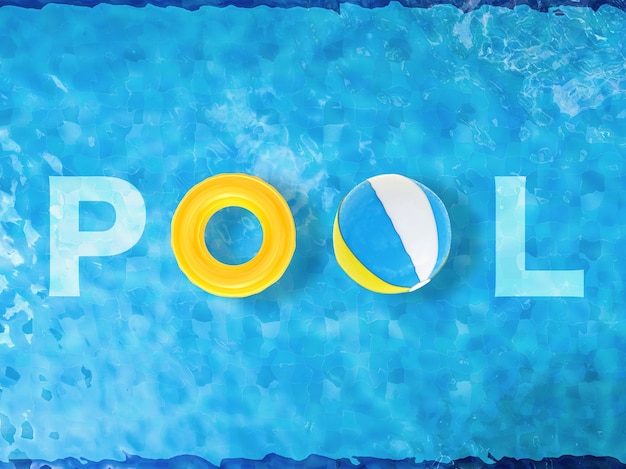 3d rendering pool top view with beach balls and swim rings