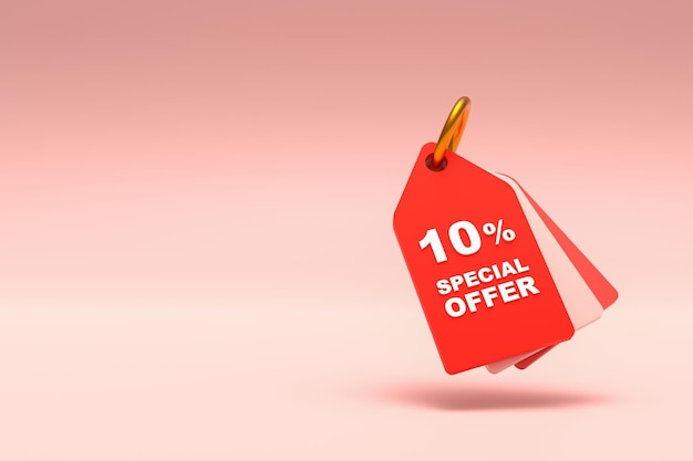 3D Rendering Price tag with 10 percent discount and free space for texting on pastel red background Special Offer 10 Discount Tag Super sale offer and best seller