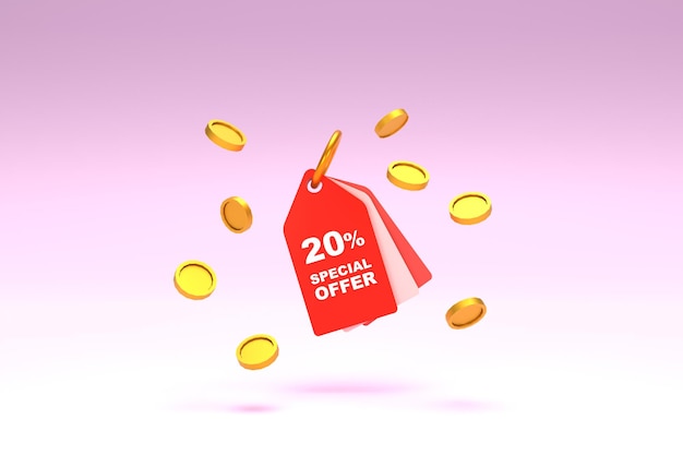 3D Rendering Price tag with 20 percent discount and surrounded with coins on pastel pink background Special Offer 20 Discount Tag Super sale offer and best seller