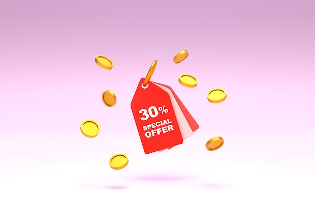 3D Rendering Price tag with 30 percent discount and surrounded with coins on pastel pink background Special Offer 30 Discount Tag Super sale offer and best seller