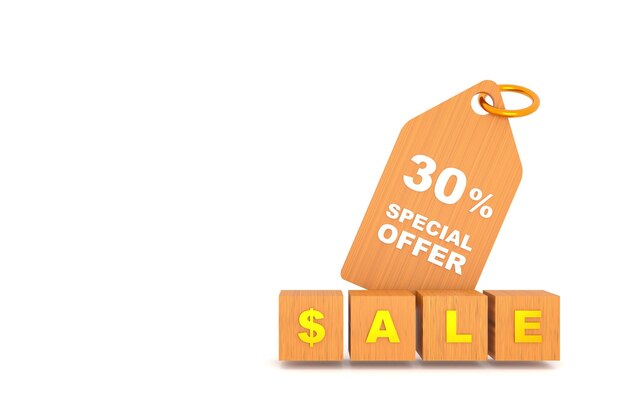 3D Rendering Price wooden tag with 30 percent discount and free space for texting on white background Special Offer 30 Discount Tag Super sale offer and best seller